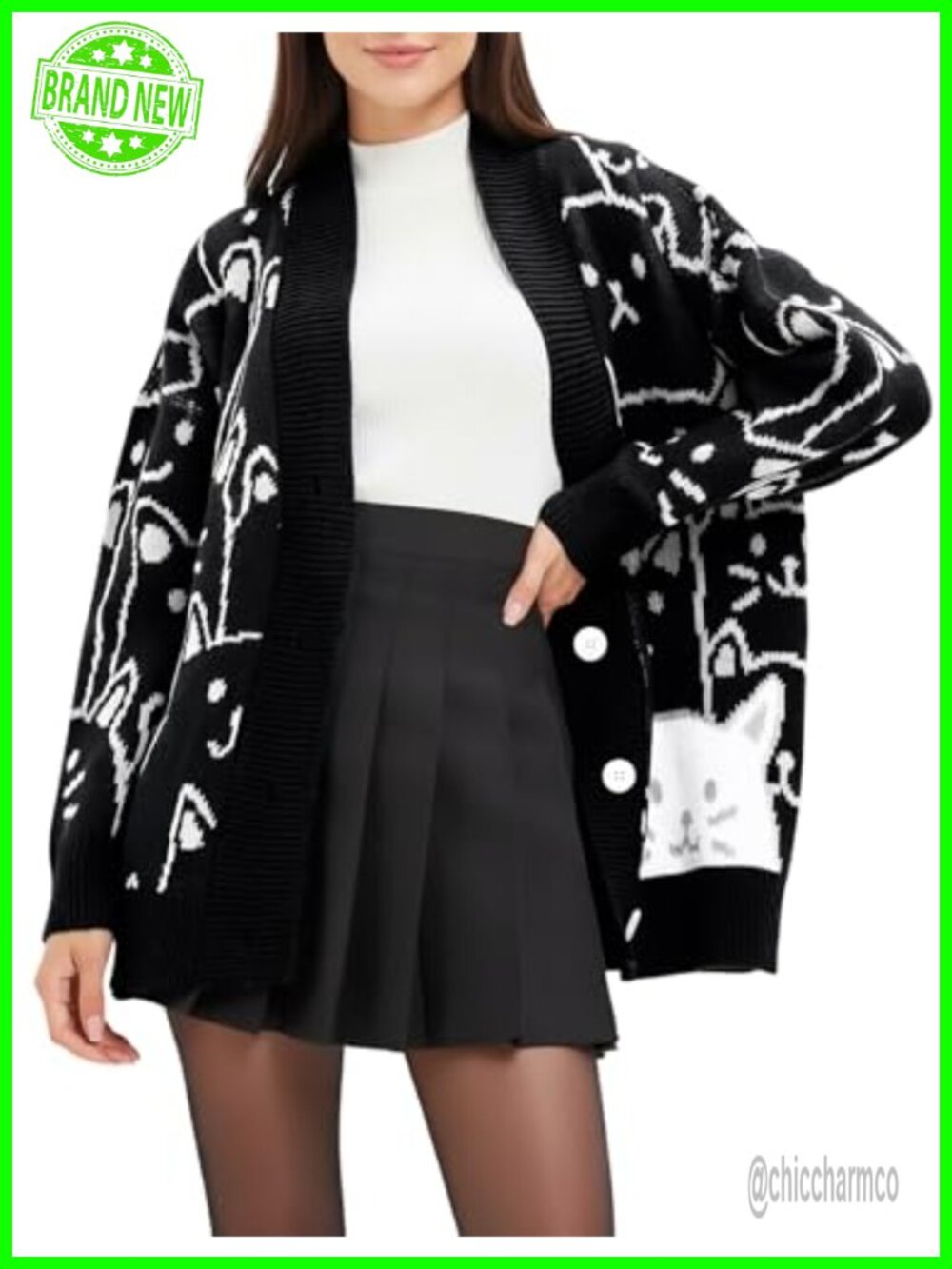 Cat Print Knit Cardigan Sweater Women Oversized Kawaii Open Front V-Neck Long